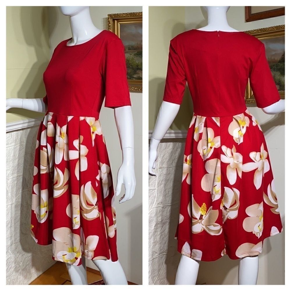 NWT Red Floral Fit & Flair Dress - Picture 2 of 15